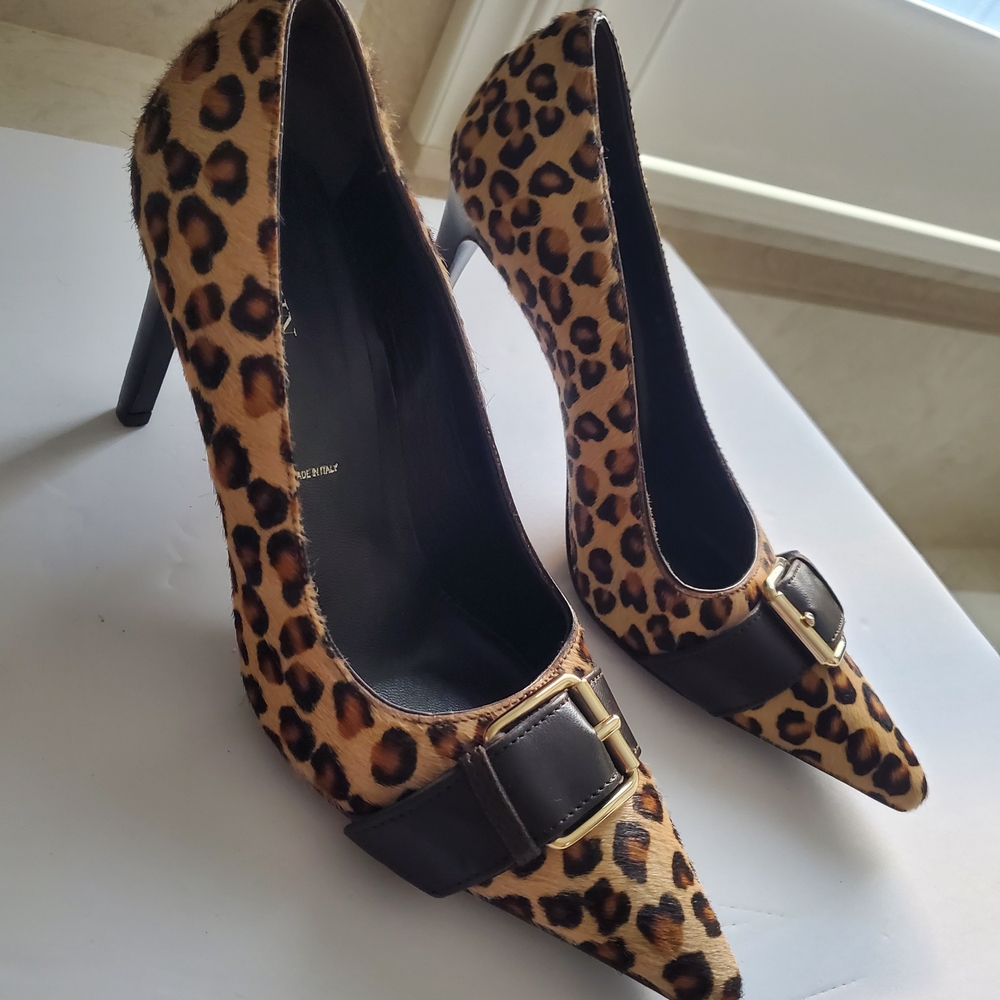 St. John Leopard Print Heels with Black Buckle